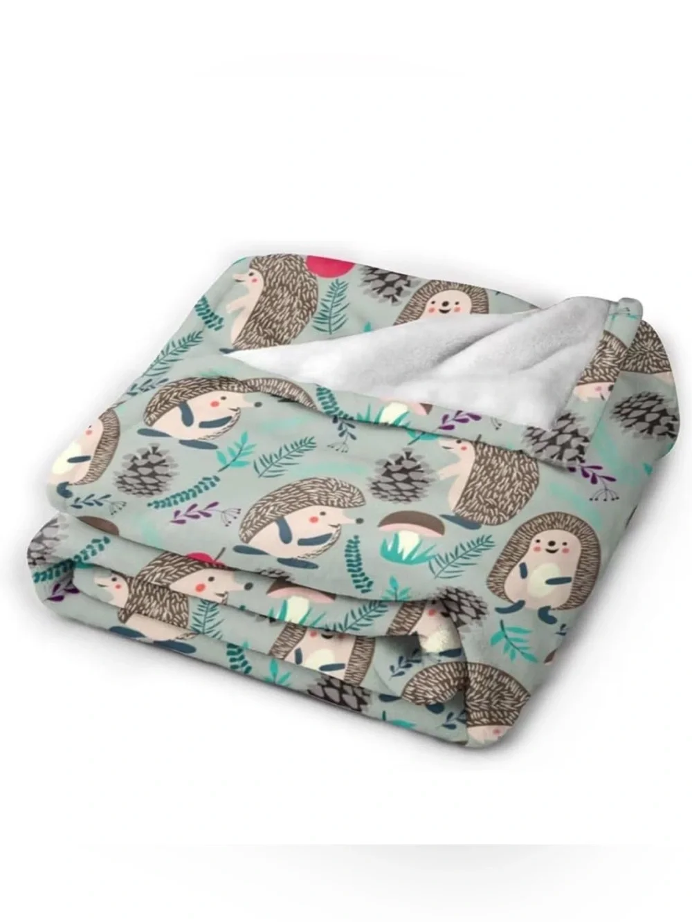 Cute Hedgehog Print Fleece Throw blanket - Mint Green Background 50 x 60 NEW